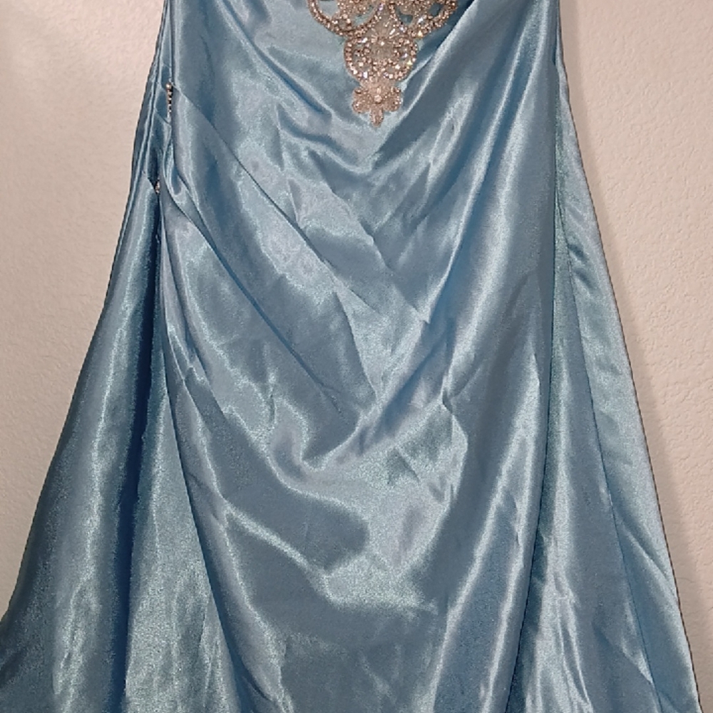 Elegant Blue Satin Dress with Embellished Neckline